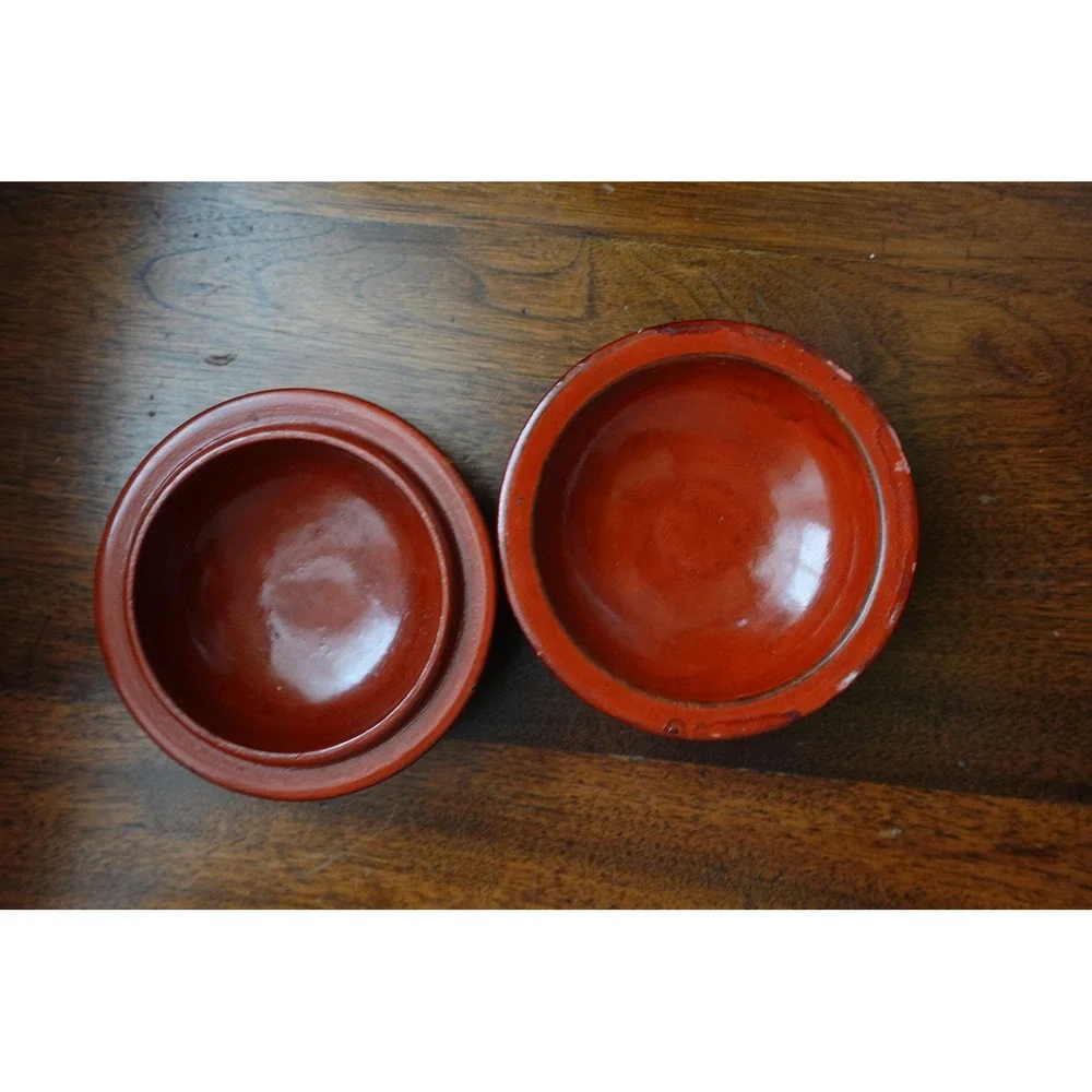 Vintage Red Lacquerware Trinket Box Round Lidded Jewelry‎ Storage Container